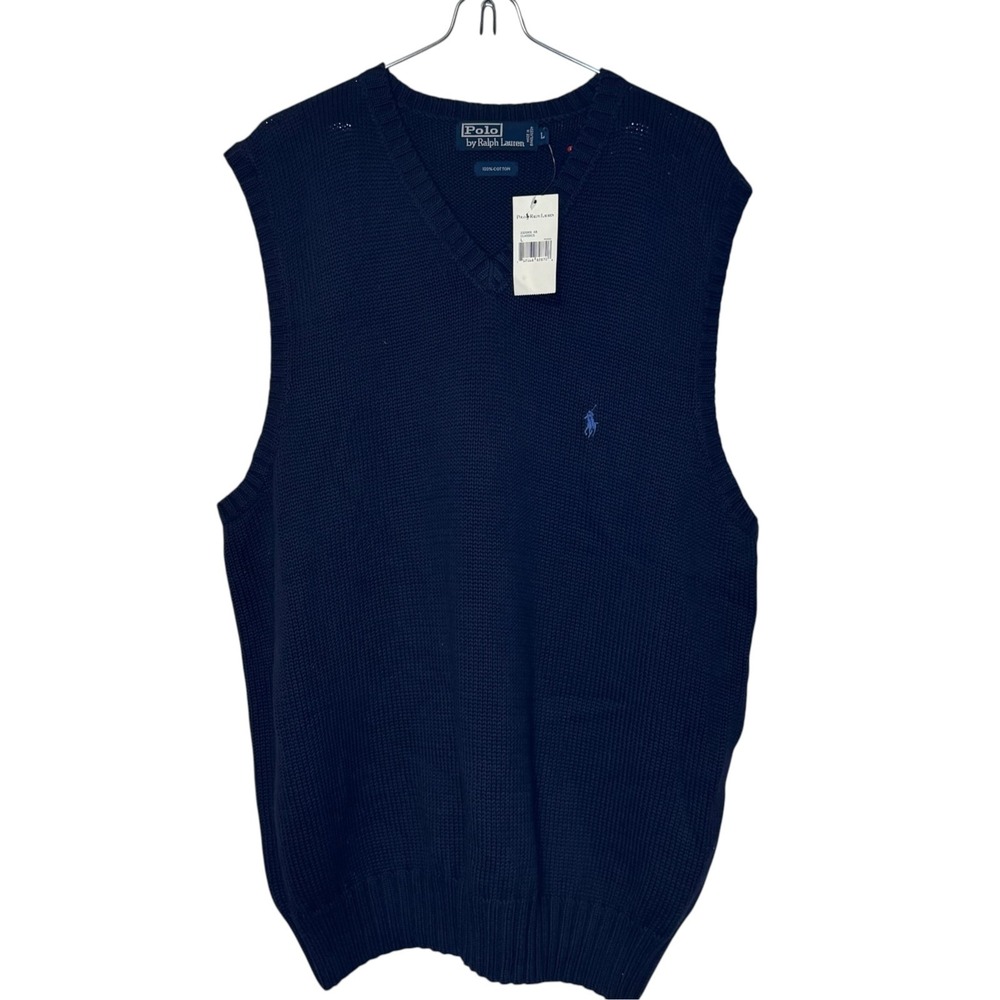 Polo Ralph Lauren Mens Sweater Vest Navy Blue Cotton V-Neck Knit Large NWT
